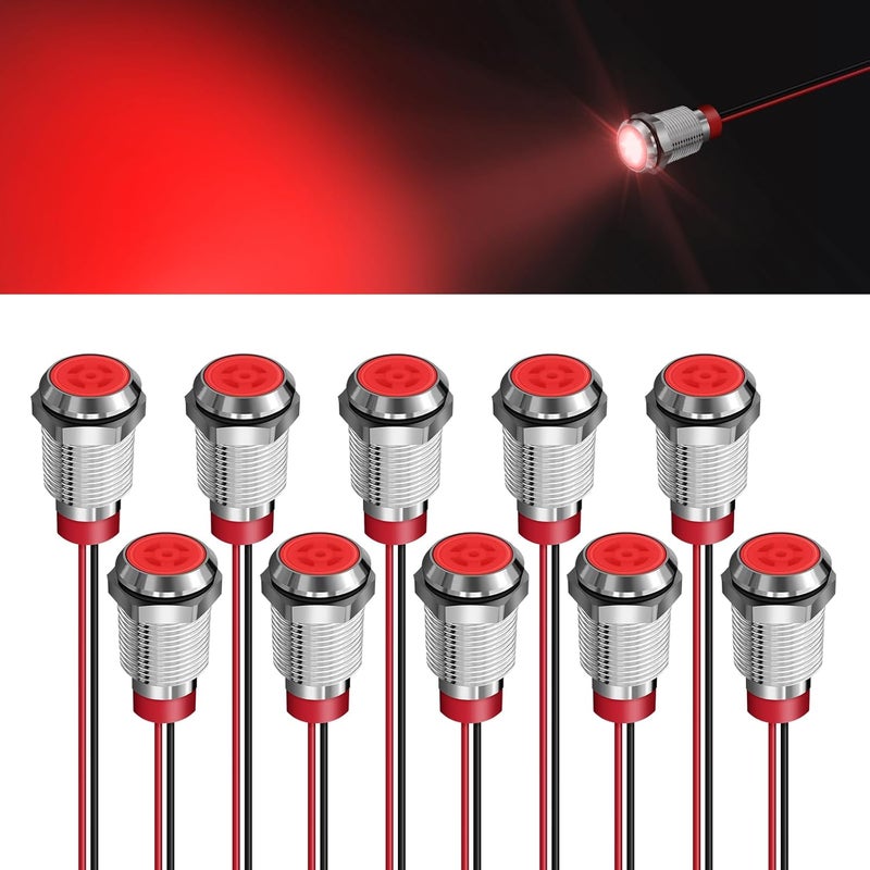 FICOLPO 10 قطع ضوء مؤشر معدني LED مقاوم للماء، 12-24 فولت 2/5'' ثقب تركيب موصل مسبقًا لإشارة الطيار للسيارات والشاحنات والقوارب والبحرية ولوحة العدادات والكهرباء الصناعية (أحمر، 10 مم) - Image 1